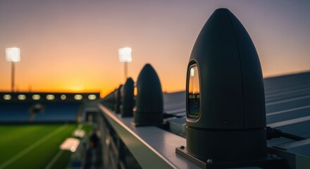 Closeup pan across multiple goalline camera housings spaced evenly on a stadium roofline highlighting their aerodynamic design postinstallation.