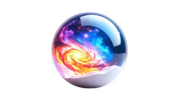A cosmic scene encapsulated within a reflective, transparent sphere - Powered by Adobe