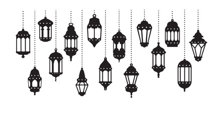 Set of hanging lantern silhouettes in black vector art, decorative Islamic/Moroccan style © Ahamed