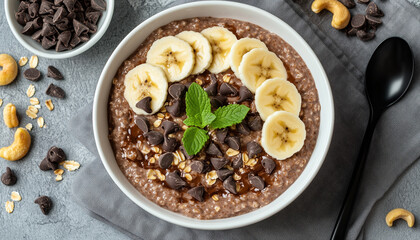 Fototapeta premium Chocolate oatmeal porridge with banana slices and chocolate chips in a white bowl. Healthy breakfast food concept