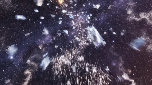 Cosmic dust trail star field nebula cloud space explosion galactic core particle scattering shooting star fireworks night sky with glowing gold and blue star trails creating dreamy celestial
