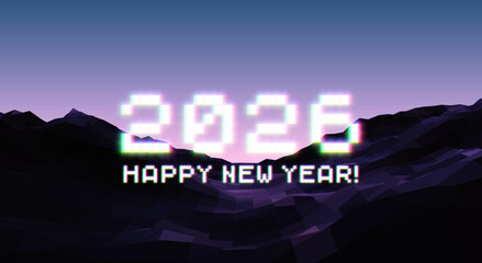 2026 New Year sign with glitched glowing pixels and calm violet landscape. Winter holiday and year change symbol.