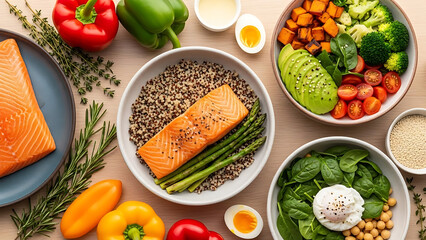 A vibrant flat lay shows fresh, wholesome ingredients and healthy prepared meals on a light wooden table.