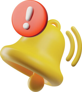 3D yellow bell with a red exclamation mark, isolated icon.