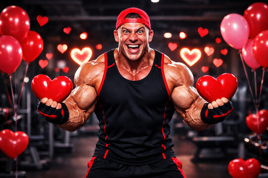 Muscular Fitness Man Holding Heart Shapes in Gym Valentine Concept