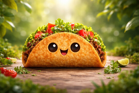 Cute Taco Character with Happy Face in Natural Background