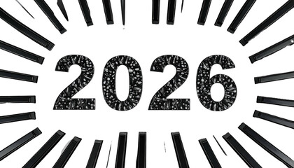 A sparkly "2026" framed by radiating dark grey beams on a black backdrop