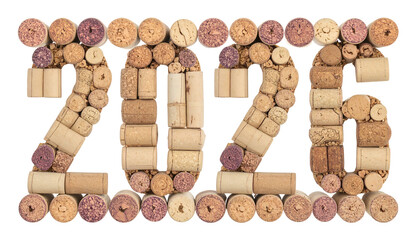 2020" formed by wine corks on black background