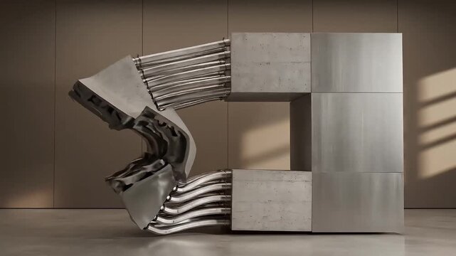 Metallic robotic arm with cube 3D render metallic surface industrial robot.