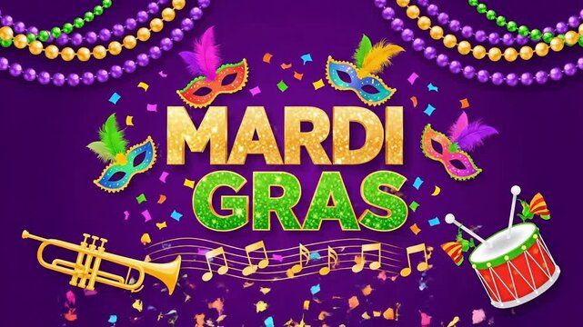 Bold Mardi Gras Text With Carnival Beads Confetti And Musical Elements
