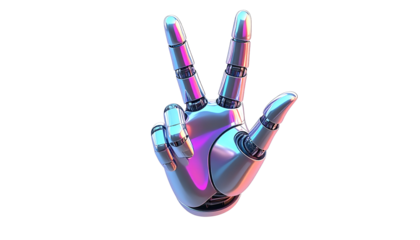 Shiny chrome robotic hand gesturing a peace sign against a black backdrop