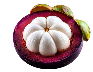 Halved tropical fruit, showing white segments inside a purple rind