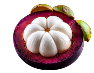 Halved tropical fruit, showing white segments inside a purple rind