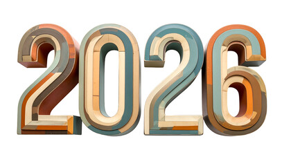 Digitally rendered year 2026, composed of layered wooden textures