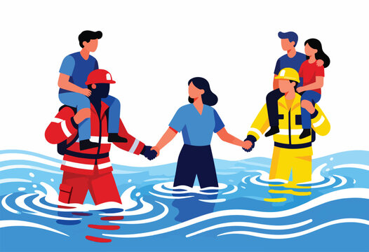 Rescuers carry children through floodwaters, assisting others