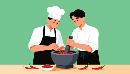 Two chefs preparing chili paste in a mortar with a pestle