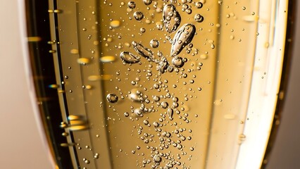 Extreme Close-Up of Golden Champagne Bubbles Rising in a Glass.