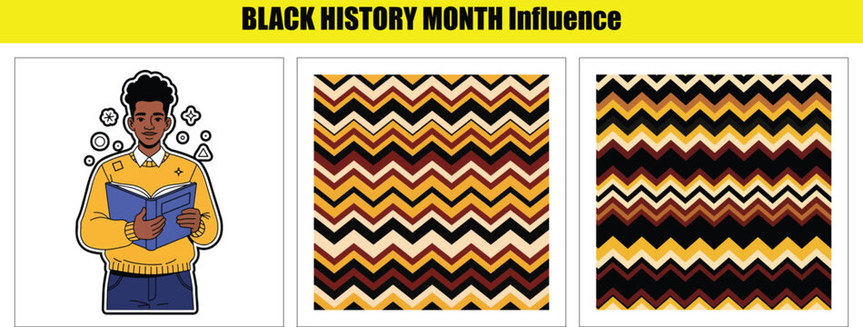 A person reading a book with lightbulb ideas and zigzag patterns in yellow, black, and - Powered by Adobe