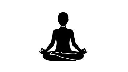 Yoga meditation icon, simple black silhouette of person in lotus pose on white background