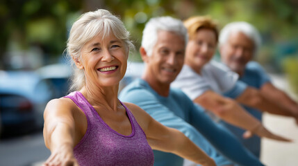 Group of elderly people performing stretching exercises outdoors faceless, smiling, wearing sportswear, fitness activity, defocused background, with copy space