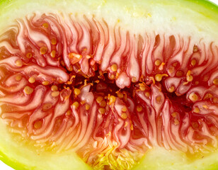 Close-up of a halved, ripe fruit with flesh and tiny seeds visible