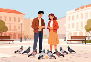 Couple feeding pigeons in an urban park square with traditional architecture