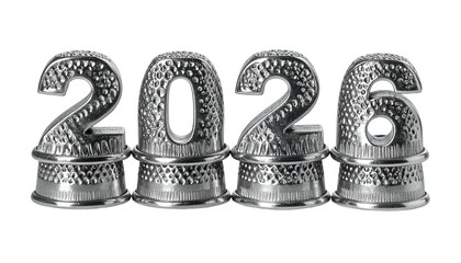 Metallic thimbles, formed as numbers, spelling the year 2026