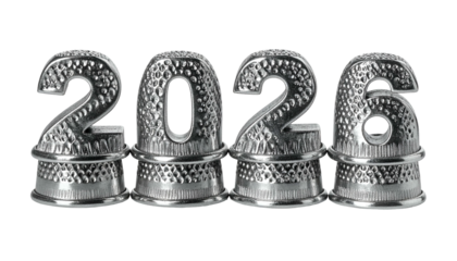 Metallic thimbles, formed as numbers, spelling the year 2026