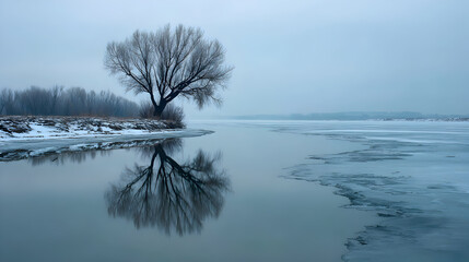 Lone tree covered in hoar frost on a snowy riverbank at dawn.