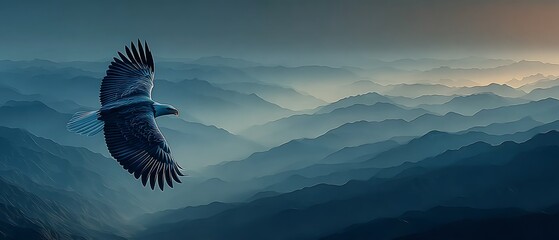 Majestic eagle soaring over misty mountains at dawn