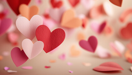 Romantic background with flying paper hearts in red, pink, and peach tones. Perfect for Valentine&rsquo;s Day, love, romance, or wedding themes.