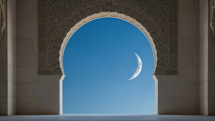 Islamic arched window view of crescent moon and star for Ramadan copy space background