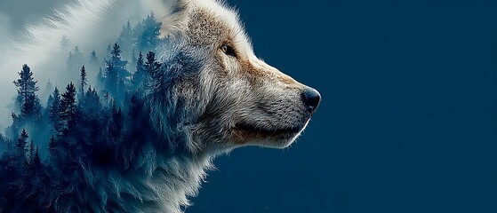Majestic wolf profile with forest landscape in fur