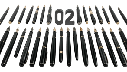 Collection of various fountain pens arranged around the dark number "02