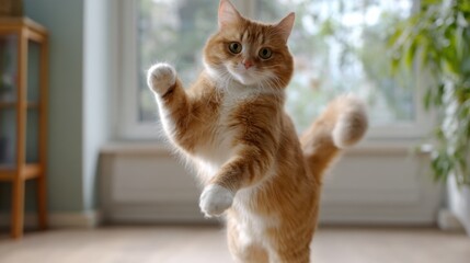 Medium shot of a cat engaging in a lively virtual cardio workout following guided movements to boost energy and maintain a healthy lifestyle in a home setting.