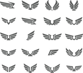 Fototapeta premium Modern wings emblem icon set isolated on white background, abstract angel and aviation wing badge symbols collection for logo, branding, military insignia and vector design