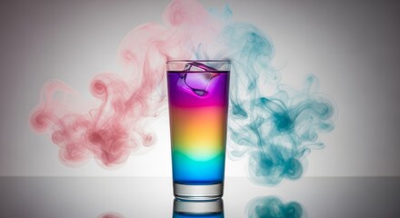 Vibrant layered cocktail with colorful smoke swirling around the glass