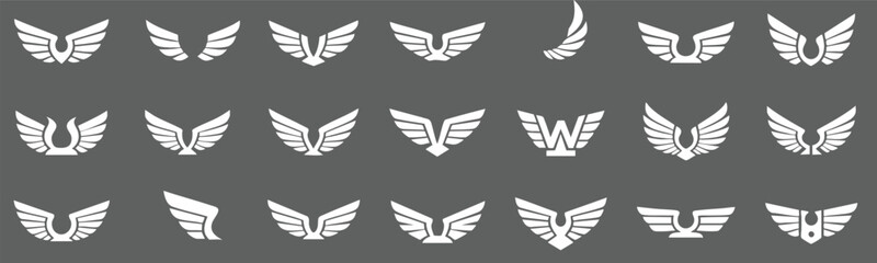 Wings vector icons set, logo collection for use. Abstract wing symbols and badge icons set. logo collection isolated on black background. © Ms Rozi