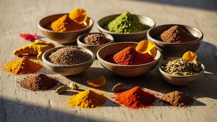 Colorful assortment of aromatic spices and herbs in rustic bowls on a wooden surface, creating a vibrant culinary palette.