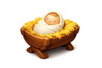 Sacred manger scene featuring swaddled infant in wooden cradle for christmas design and decoration