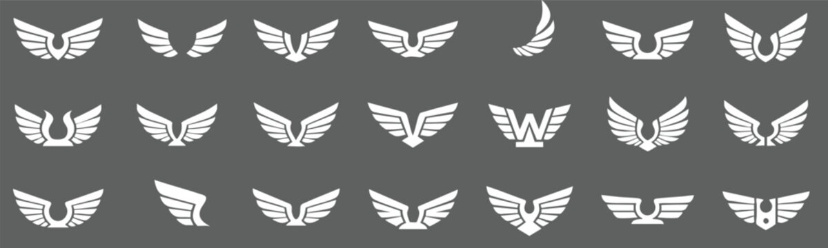 Wings vector icons set, logo collection for use. Abstract wing symbols and badge icons set. logo collection isolated on black background.