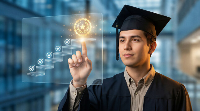 Graduation student interacting with digital achievement steps