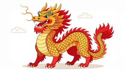 Vector illustration of traditional Chinese Liong dragon, full body, bold outlines, flat colors, festive red and gold palette, clean composition, isolated on white background, scalable stock design.