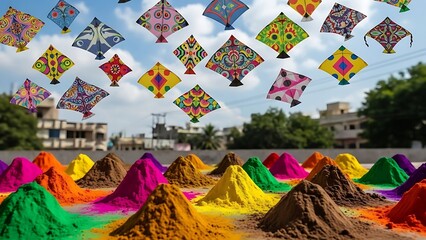 Vibrant kites soaring over colorful powder mounds
