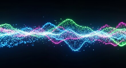 Vibrant digital sound wave visualization with glowing particles on a dark background