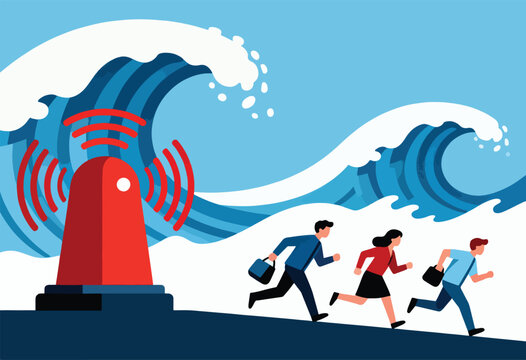 Three people flee giant wave while red siren blares