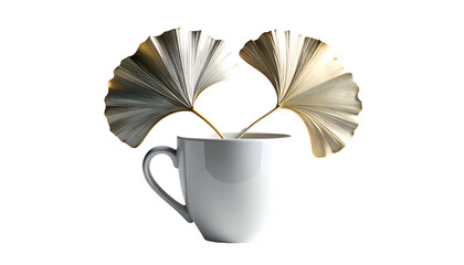 A white mug with two metallic leaves in a dark, clean background