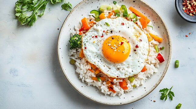 Delicious breakfast plate with fried egg and vegetables on rice