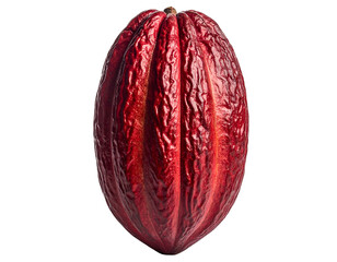 A close-up of a vibrant red cacao pod against a stark black backdrop
