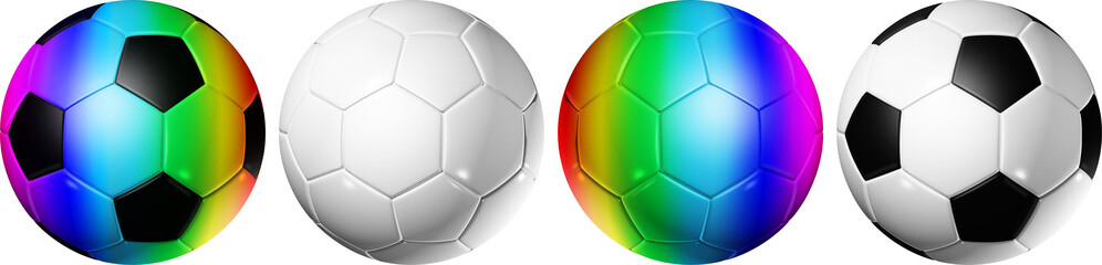 four distinct soccer balls, including vibrant rainbow-colored, pure white, and traditional black...